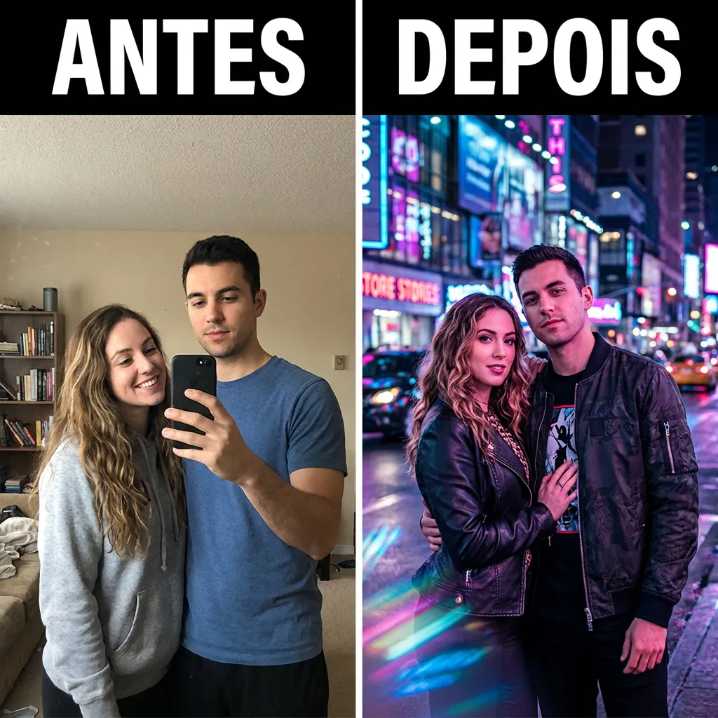Transformação Cidade Neon - Antes e Depois com IA
